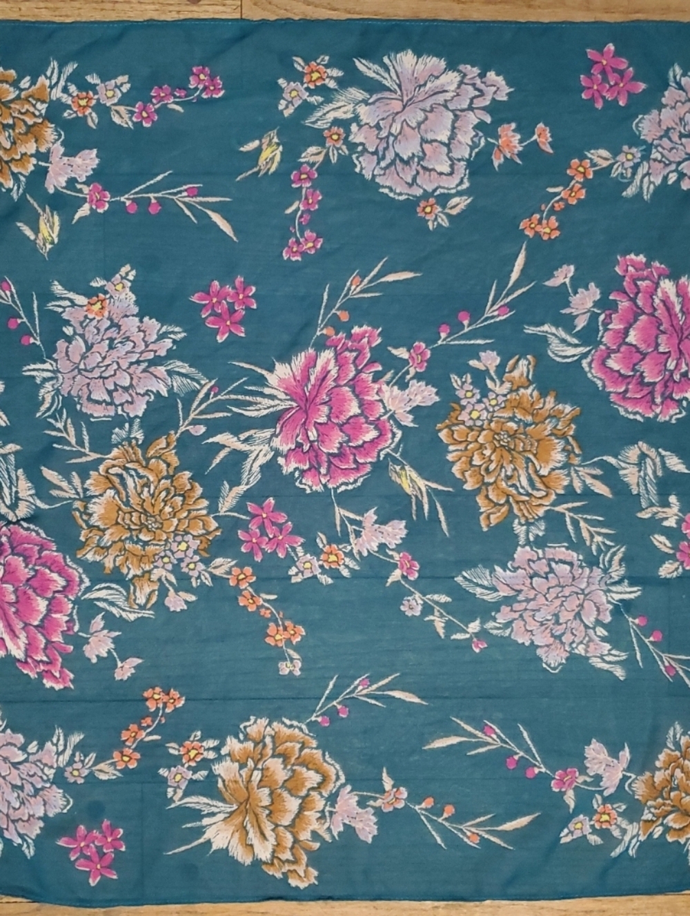 Vintage Scarf TEAL BLUE GREEN Asian Floral Silk Feel 24" Square